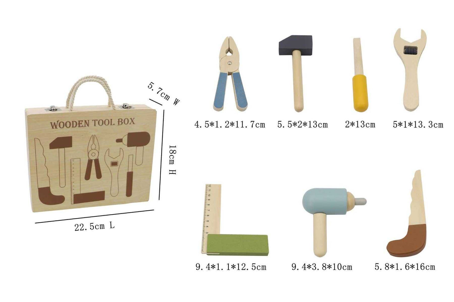 Wooden kids tool box set with child-safe hammer, pliers, screwdriver, drill, saw, spanner, square ruler, and carrying case for ages 3+