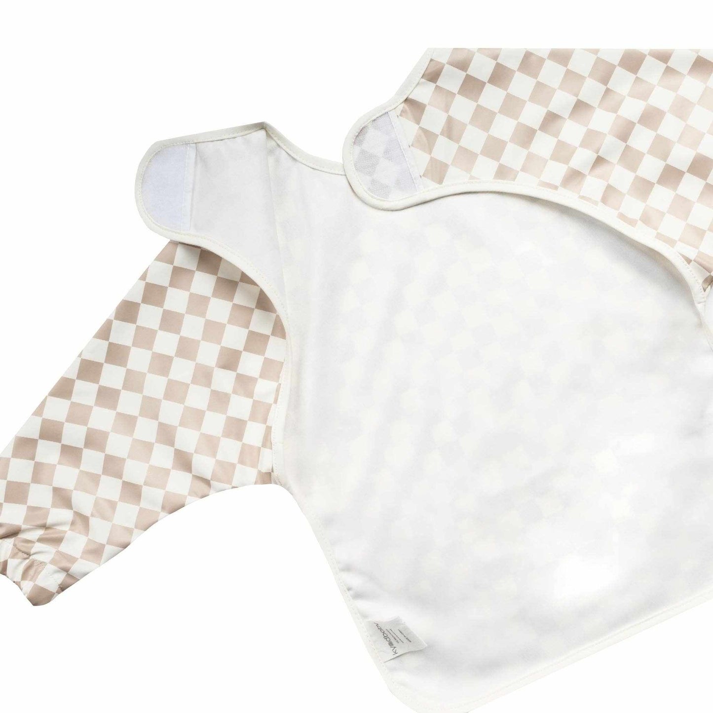 Kynd Messy Bib gingham pattern with waterproof fabric, elasticated cuffs, and Velcro fastener for easy cleaning and reuse