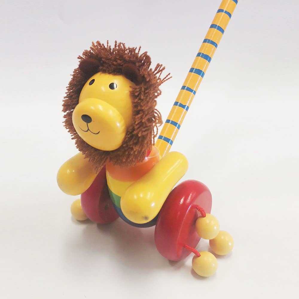 Wooden Lion Push Toy with wheels and striped handle for toddlers' motor skill development