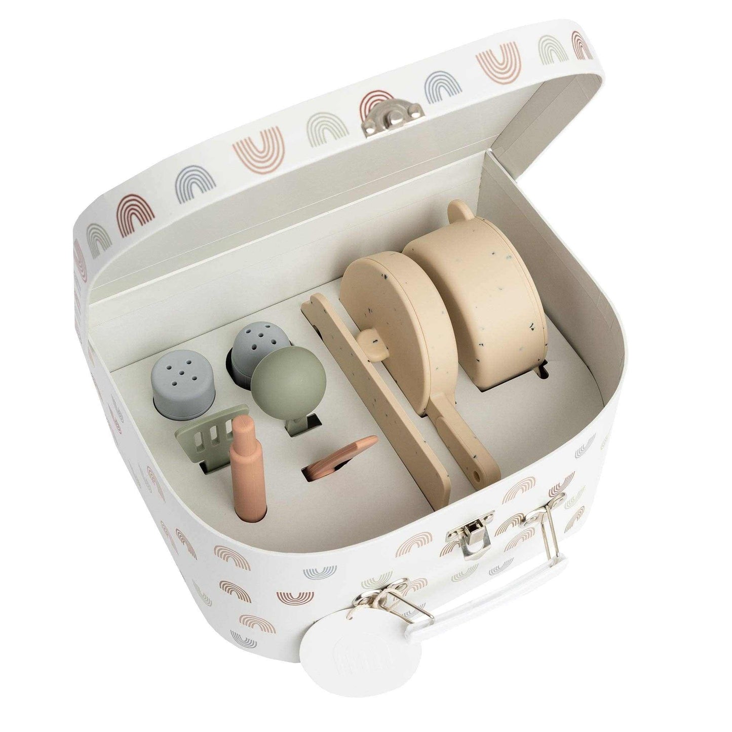 Kynd Silicone Kitchen Set with food-grade silicone pots and utensils in a rainbow patterned keepsake suitcase