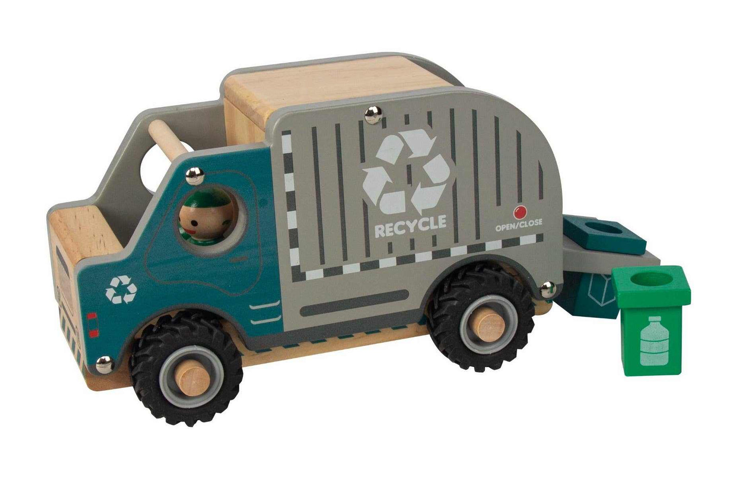 Wooden Recycling Truck toy with colorful bins for eco-friendly play and recycling education