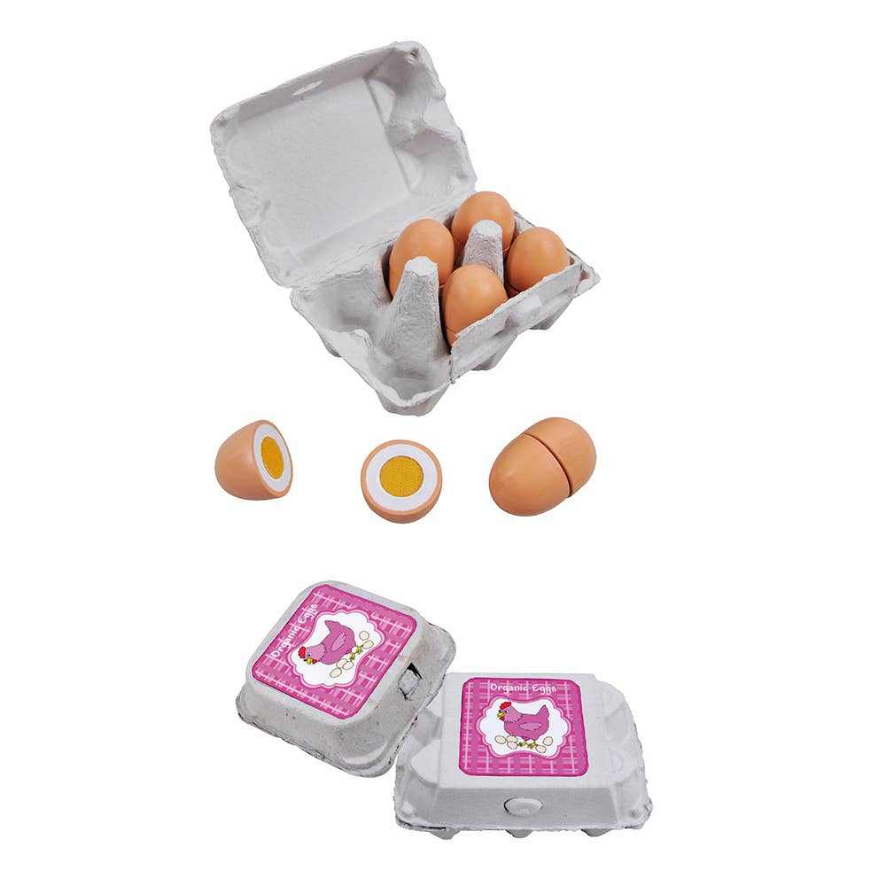 Half dozen lifelike egg set in carton for imaginative play and learning.