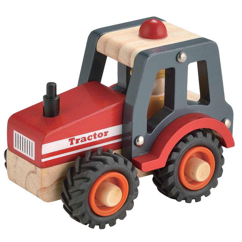 Wooden tractor toy with red and gray design for imaginative play and motor skills development