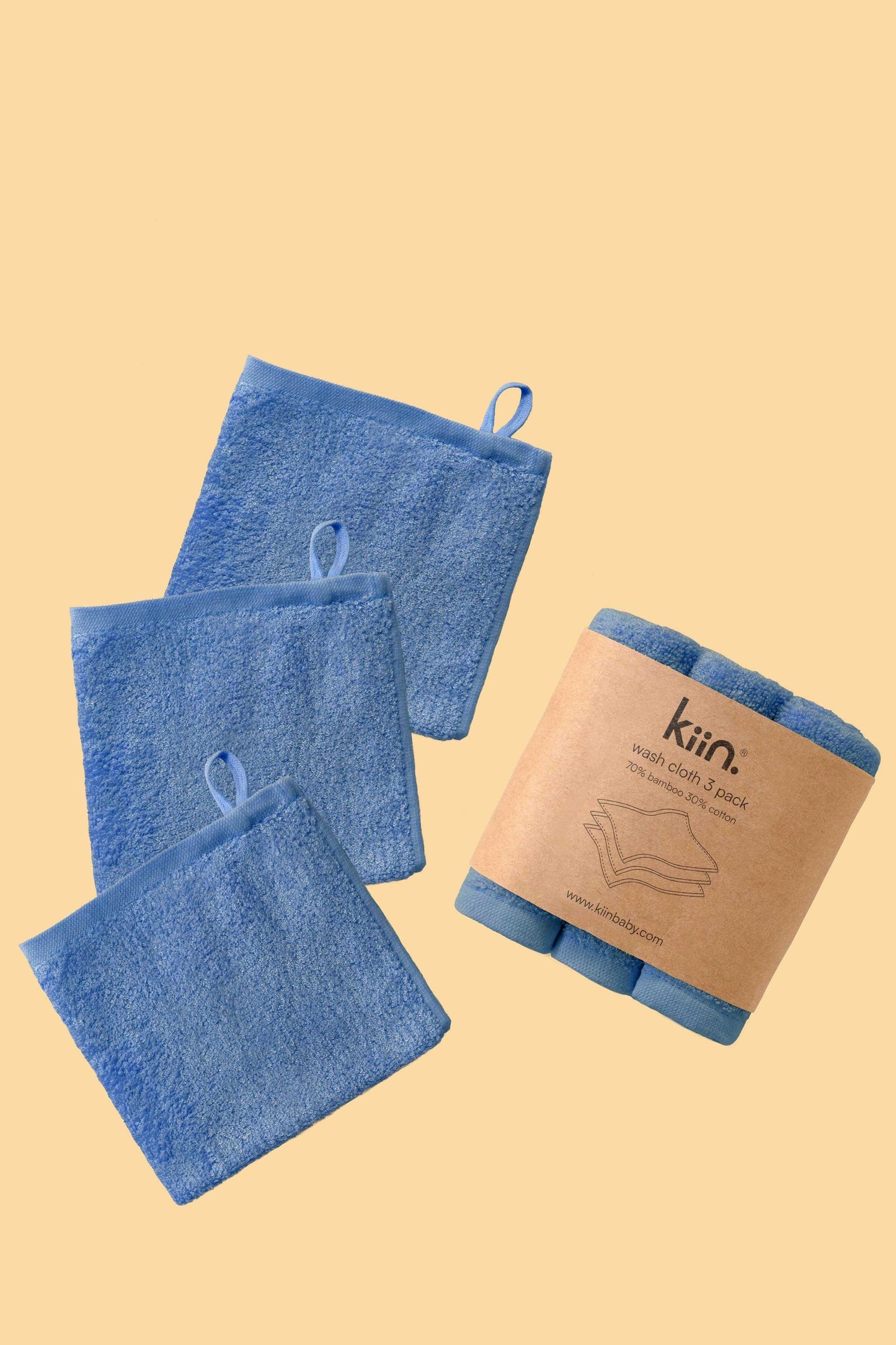 Kiin Wash Cloths 3 pack soft blue cotton bamboo blend bath cloths with hanging tab