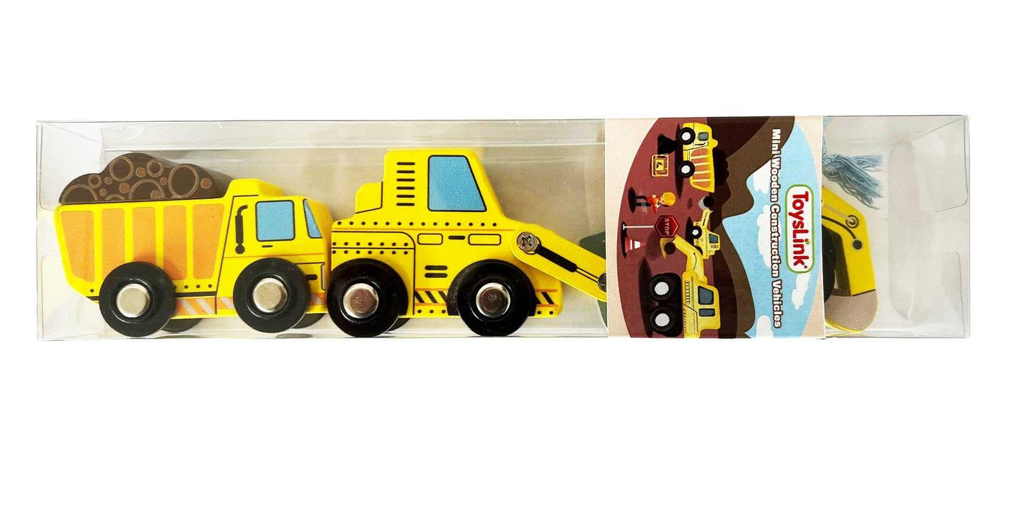 Wooden Wheelie Construction Truck Set with yellow dump truck and excavator toy in clear packaging