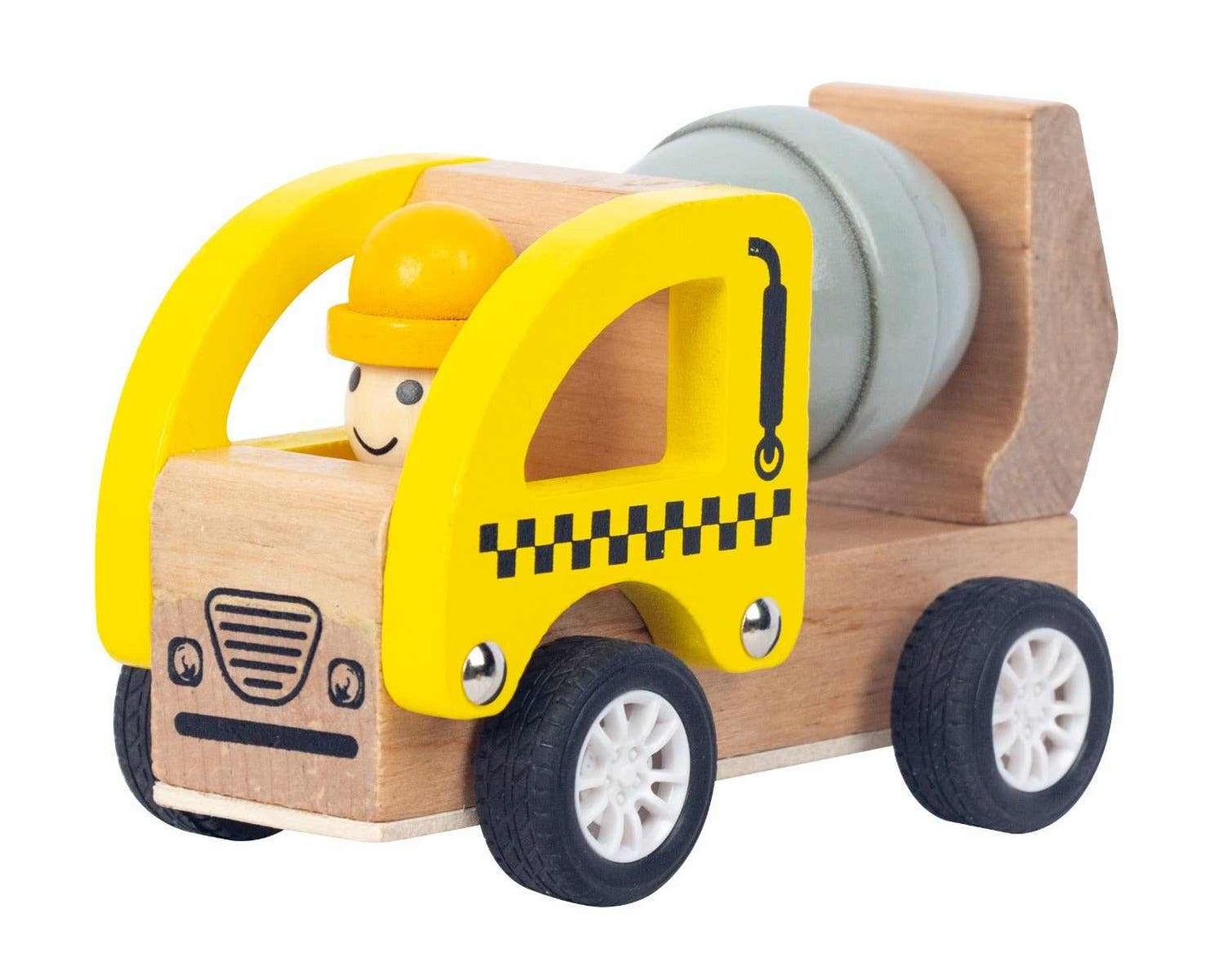 Wooden pullback concrete mixer toy with yellow cab and wooden figure driver