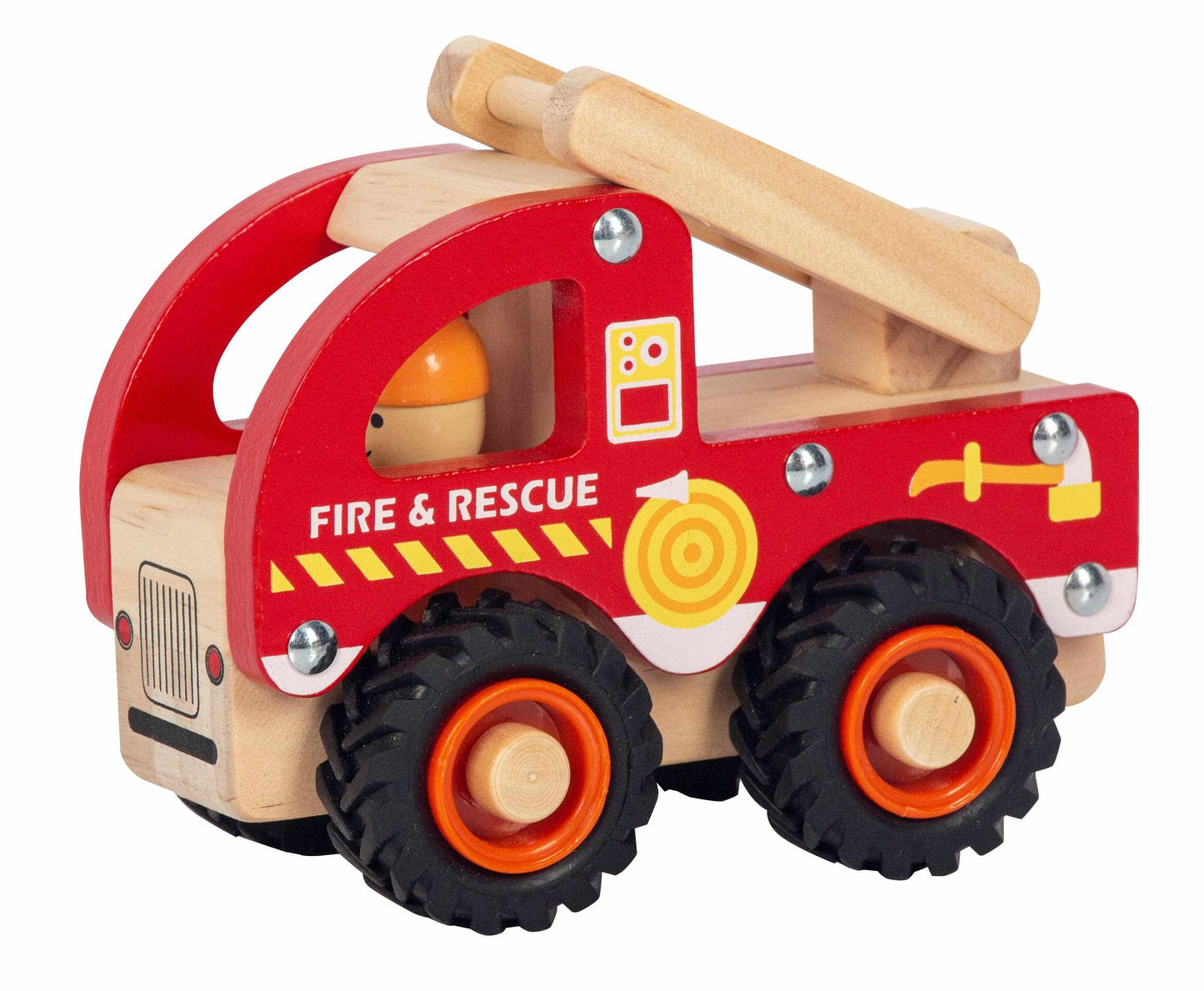 Wooden Wheelie Fire Engine toy with red fire and rescue design and movable ladder