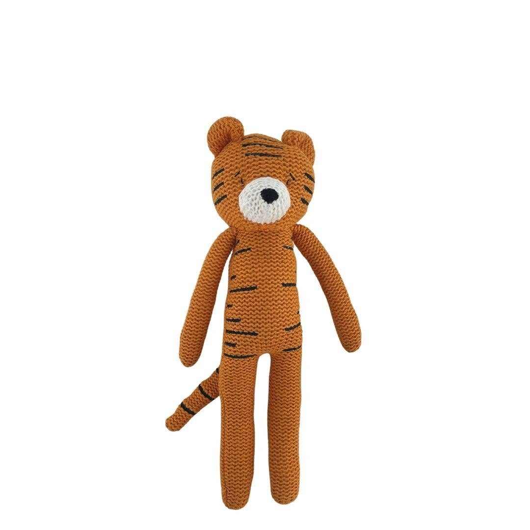 Tom the Tiger Rattle knitted orange tiger toy with eco-friendly cotton and recycled PET filling for babies and toddlers, 25cm.