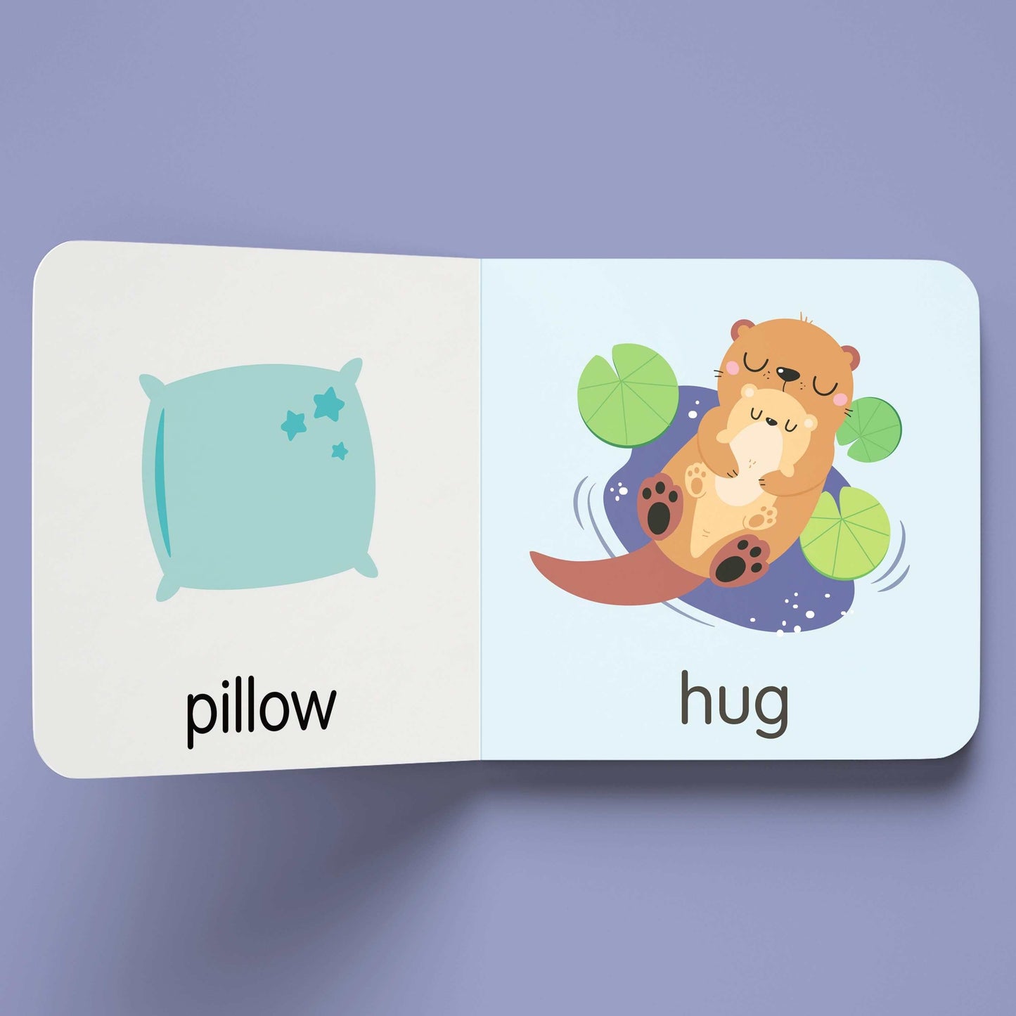 Open Bedtime Board Book for babies showing illustrated pillow and hugging otters on lightweight pages