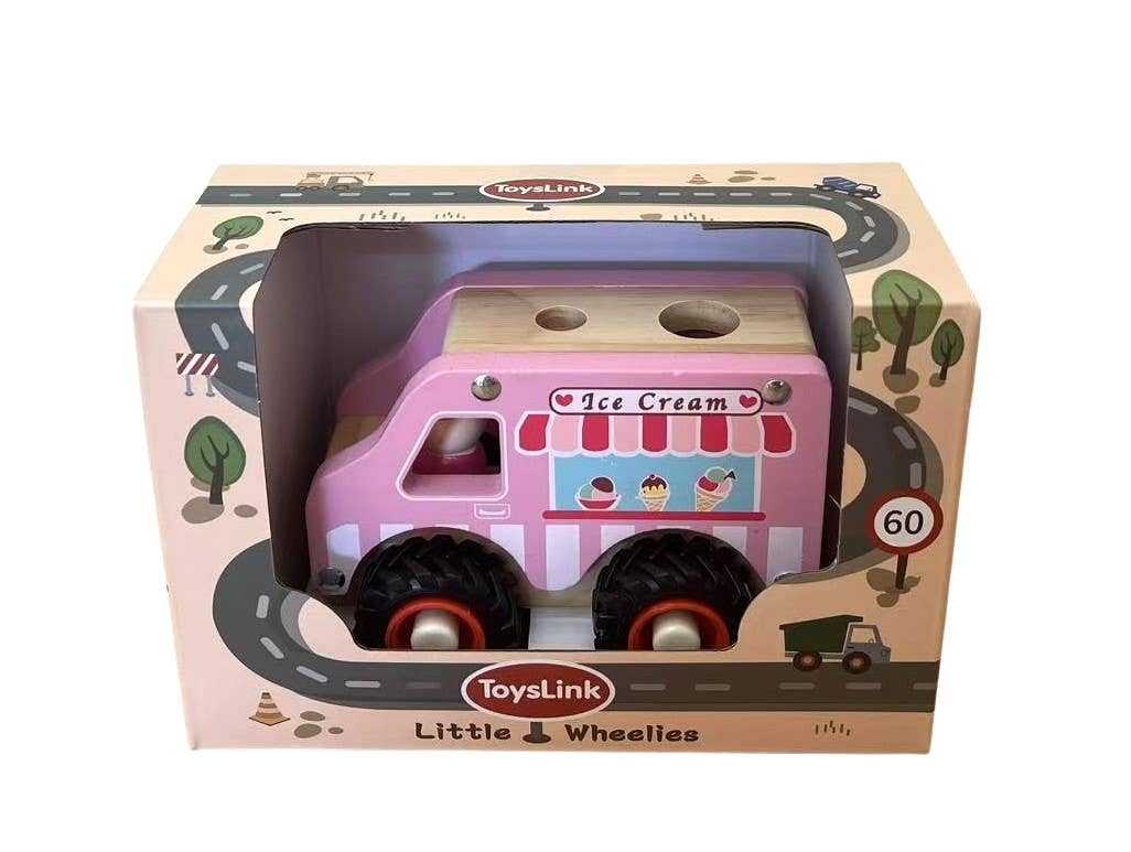 Wooden ice cream truck toy with colorful design in packaging for imaginative play
