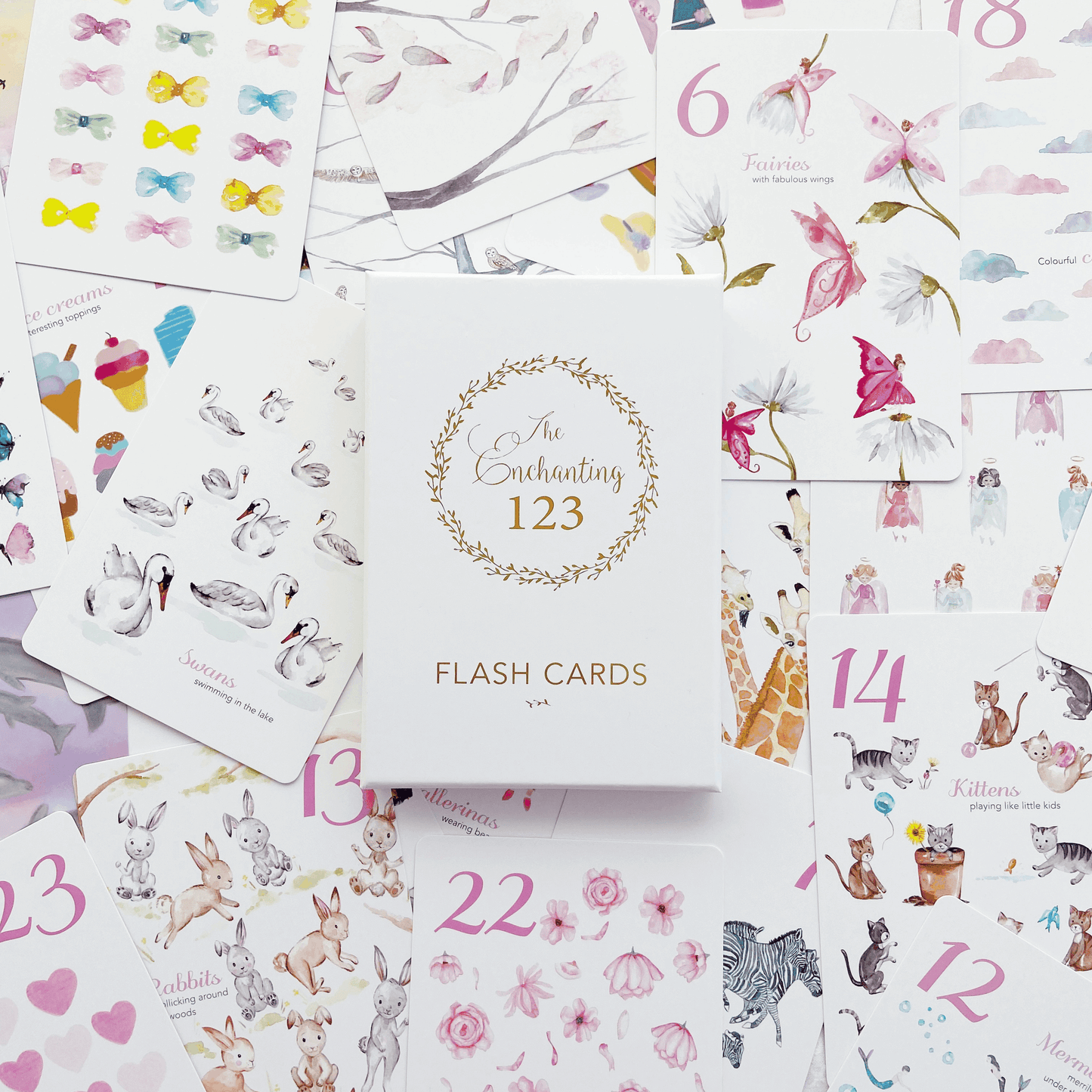 The Enchanting 123 Flash Cards with whimsical illustrations for children learning numbers and words