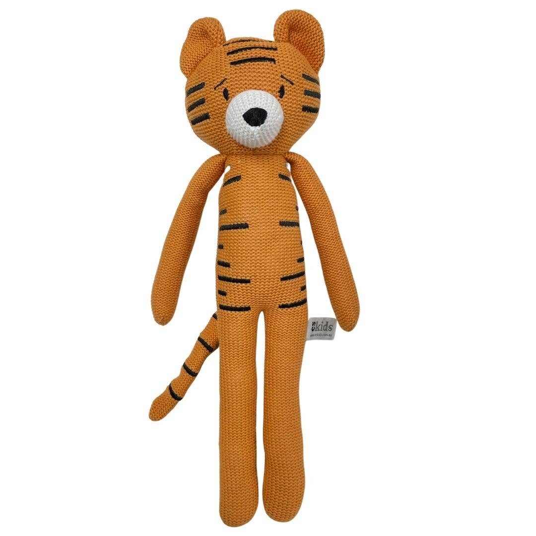 Terry the Tiger knitted soft toy with eco-friendly cotton outer and recycled PET filling, 40cm tall, suitable for babies from 3 months.