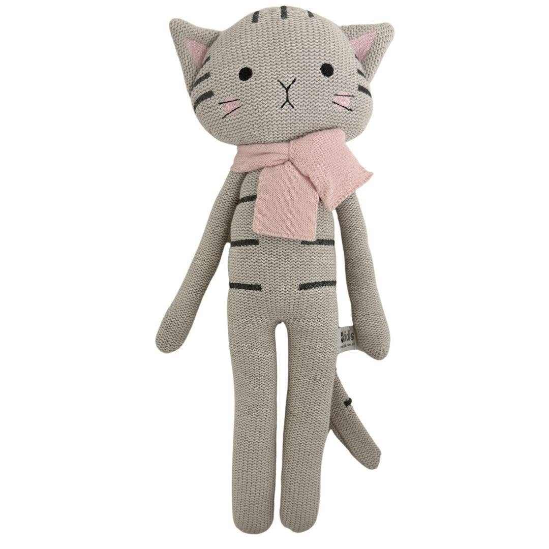 Kat the Cat knitted cotton toy with pink scarf for children, 40cm tall, eco-friendly filling