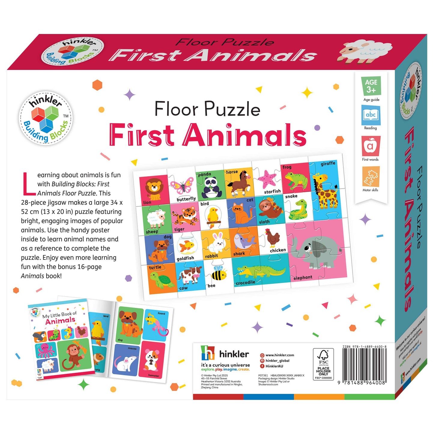 First Animals Floor Puzzle with 28 colorful animal pieces and a learning guide for toddlers aged 3 and up