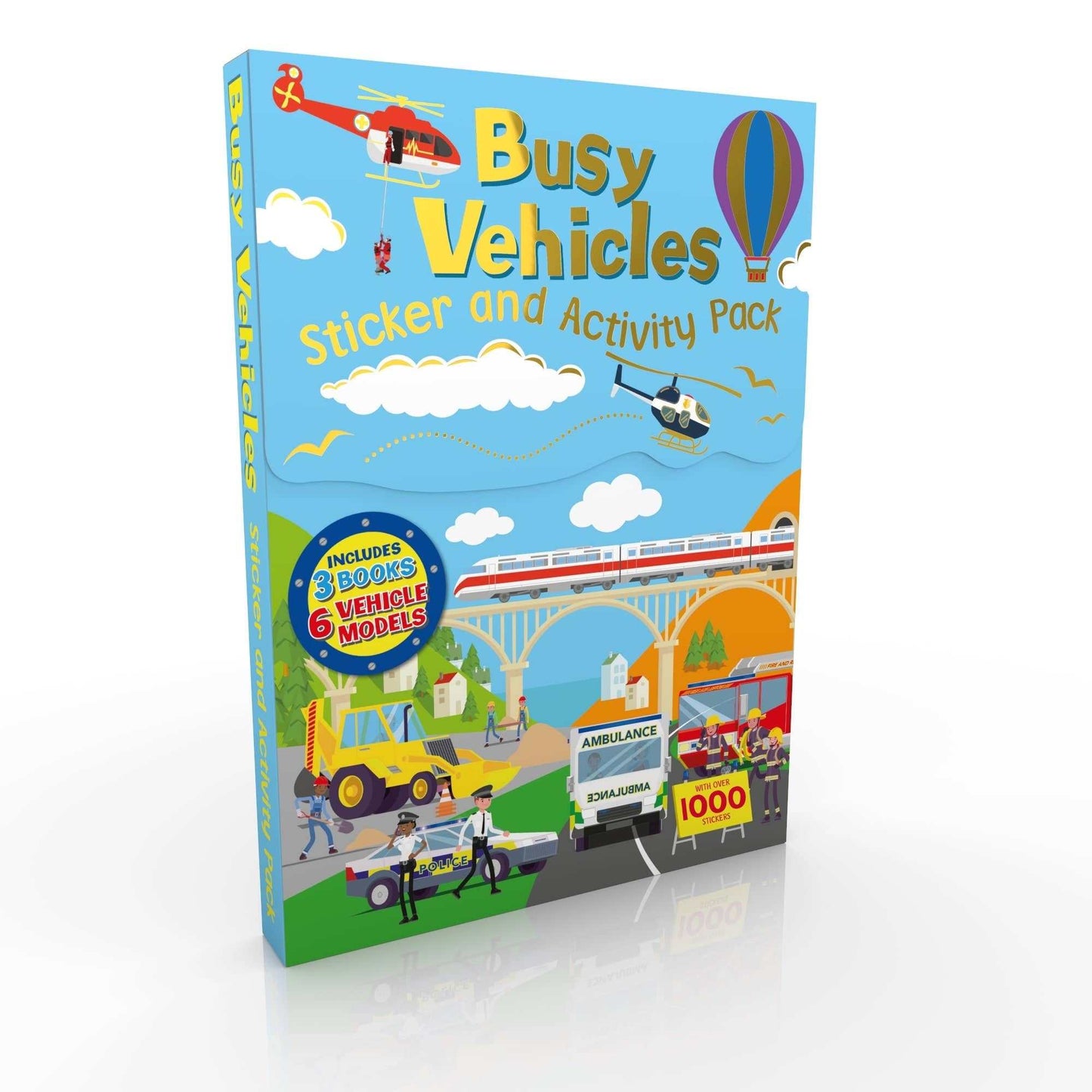 Busy Vehicles Sticker and Activity Pack with over 1000 stickers featuring diggers, fire trucks, helicopters, and board games for children aged 3 and up