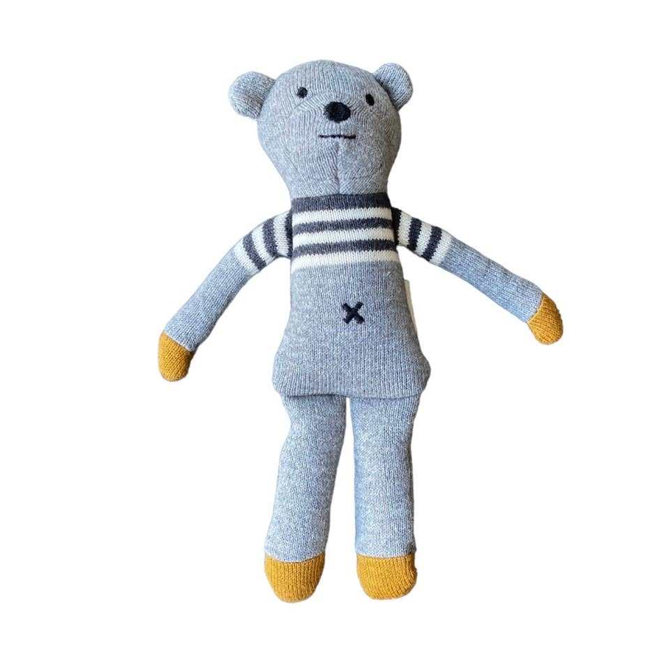 Melvin the Bear cotton knit soft toy in grey with mustard and navy stripes, 23cm tall, suitable from birth