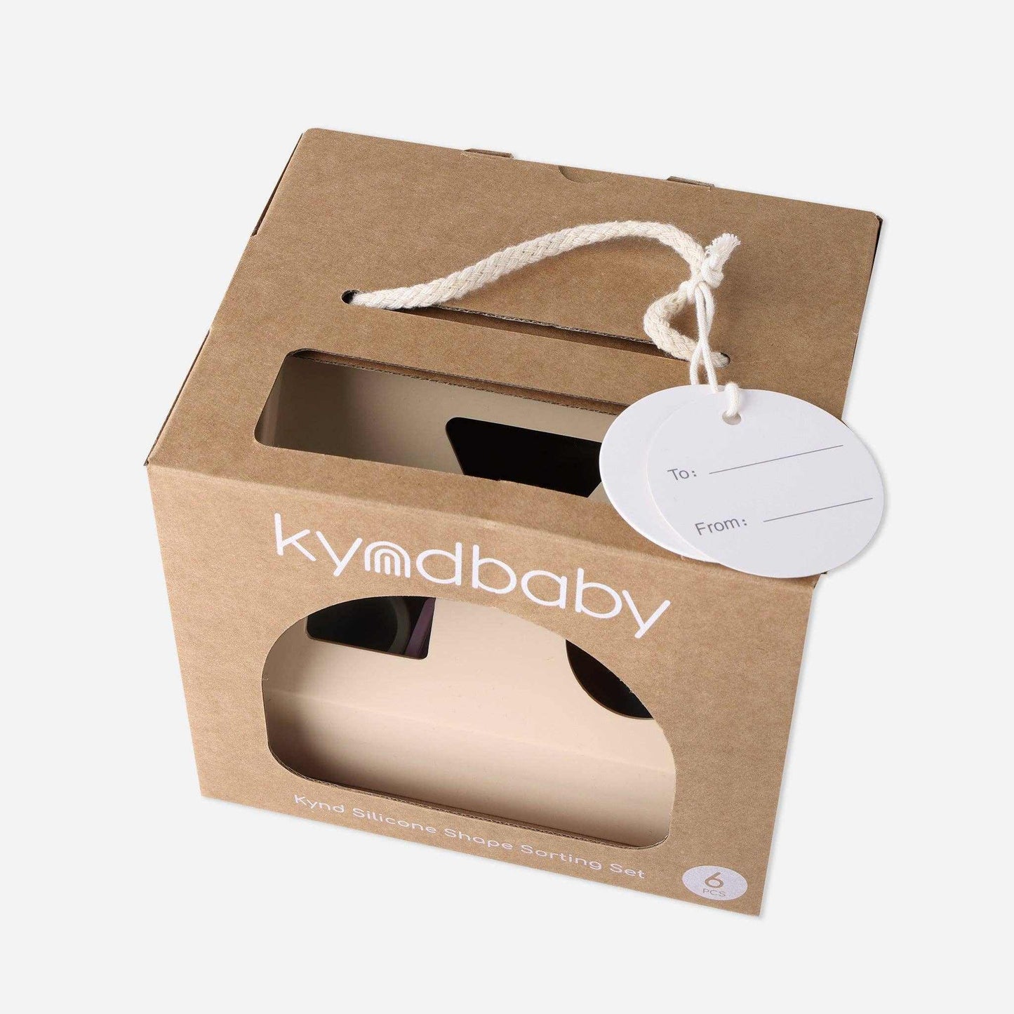 Kynd Silicone Shape Sorting Set packaged in sustainable brown box with handle and gift tag