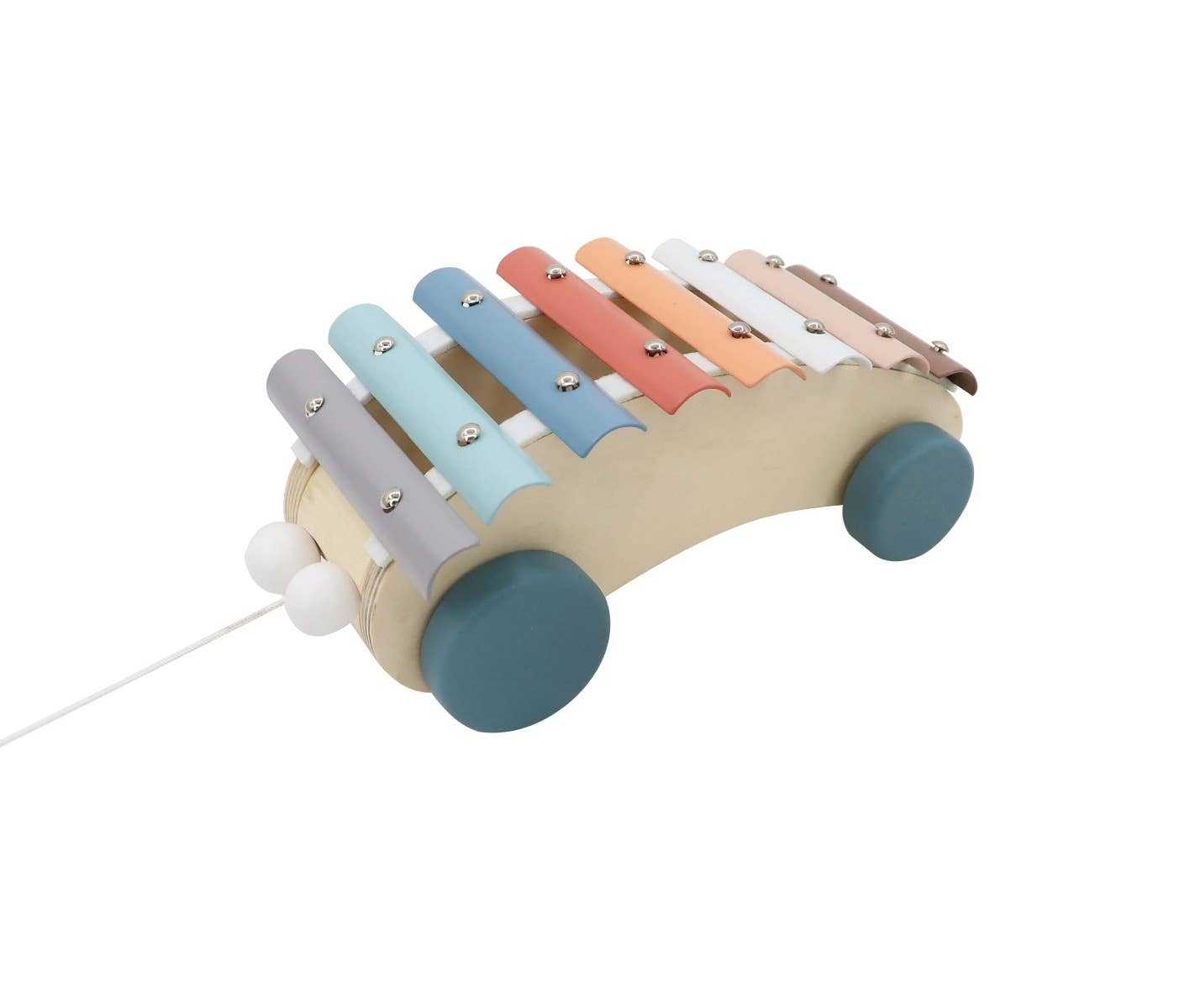 Wooden pullalong xylophone with colorful metal bars and wheels for toddlers