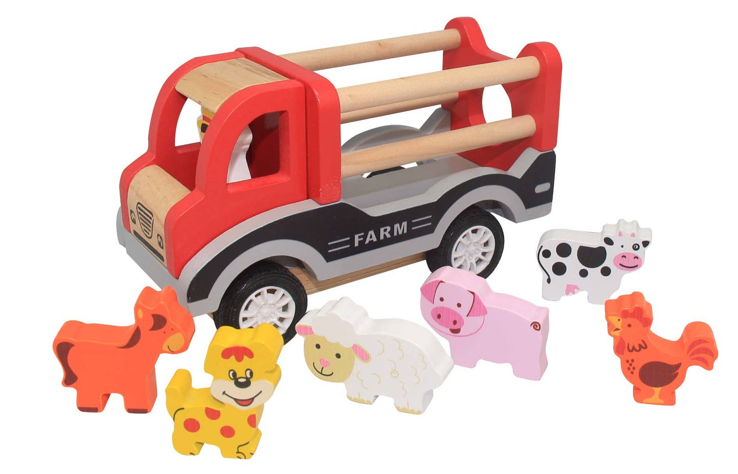 Wooden pullback farm truck toy with colorful wooden animal figures including cow, pig, sheep, dog, horse, and rooster