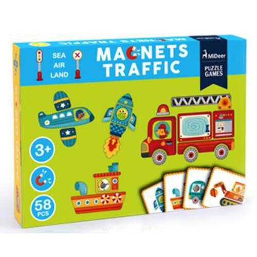 Traffic Magnet Set with 59 pieces and 8 cards for making sea, air, and land vehicles, suitable for ages 3+