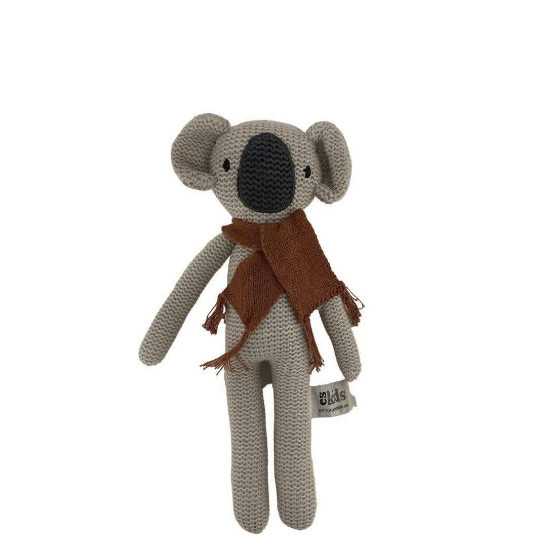Kimberley the Koala Rattle knitted grey plush with brown scarf eco-friendly cotton and recycled filling