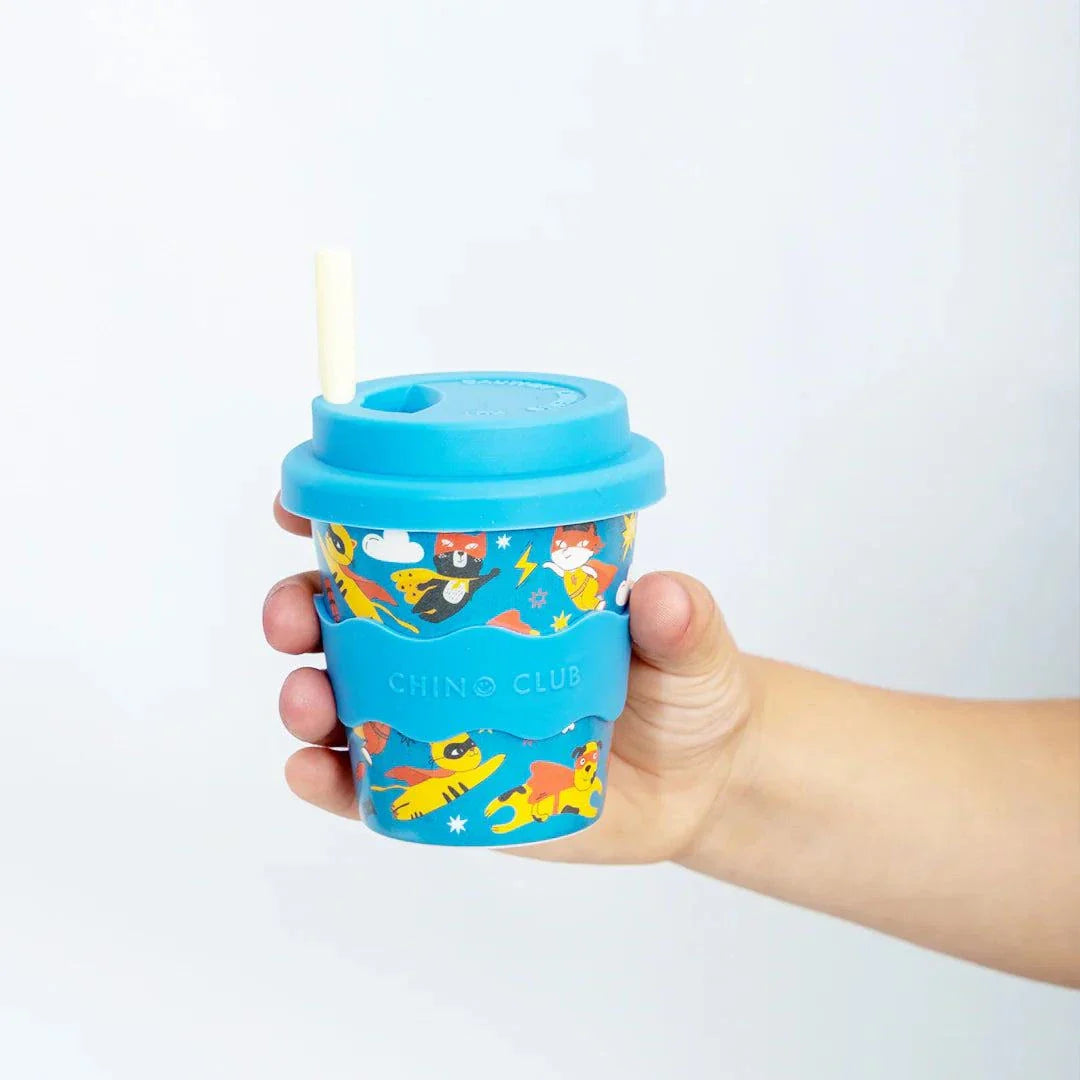 Superhero Babychino Cup 4oz bamboo eco-friendly cup with silicone lid and grip band for toddlers