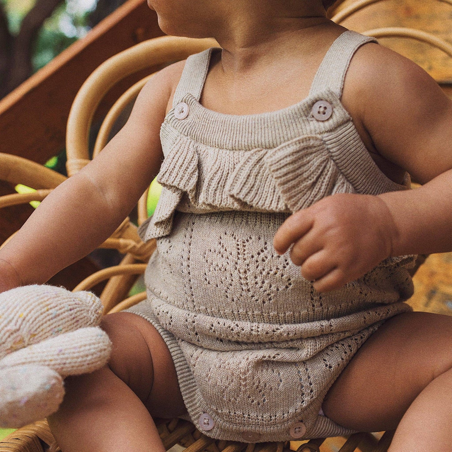 Kynd Pointelle Knit Frill Romper - Neutral