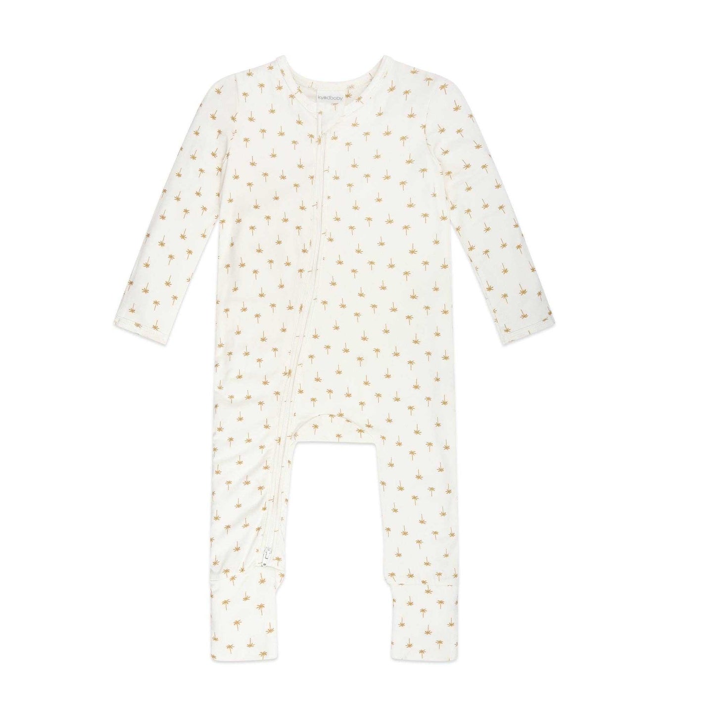 Kynd Day or Night Onesie neutral palm print soft sustainable viscose fabric baby romper with two-way zip and fold-over cuffs