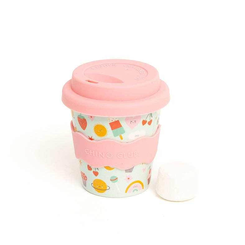 Favourite Things Babychino Cup 4oz bamboo toddler cup with pink silicone lid and grip band, spill-proof and eco-friendly