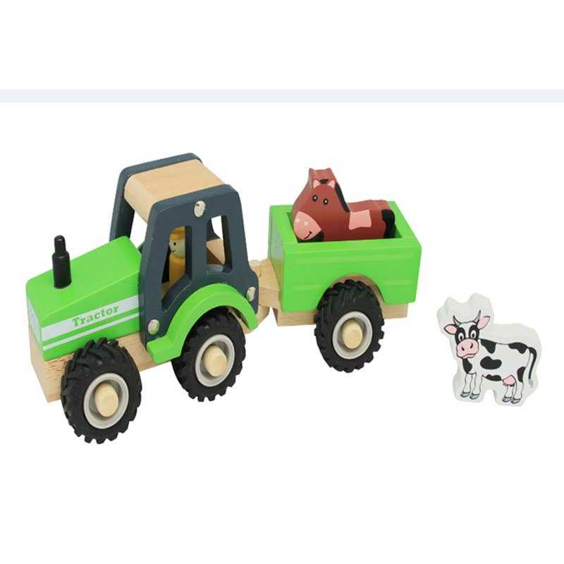 Green wooden farm tractor toy with trailer and animal figures for children’s imaginative play