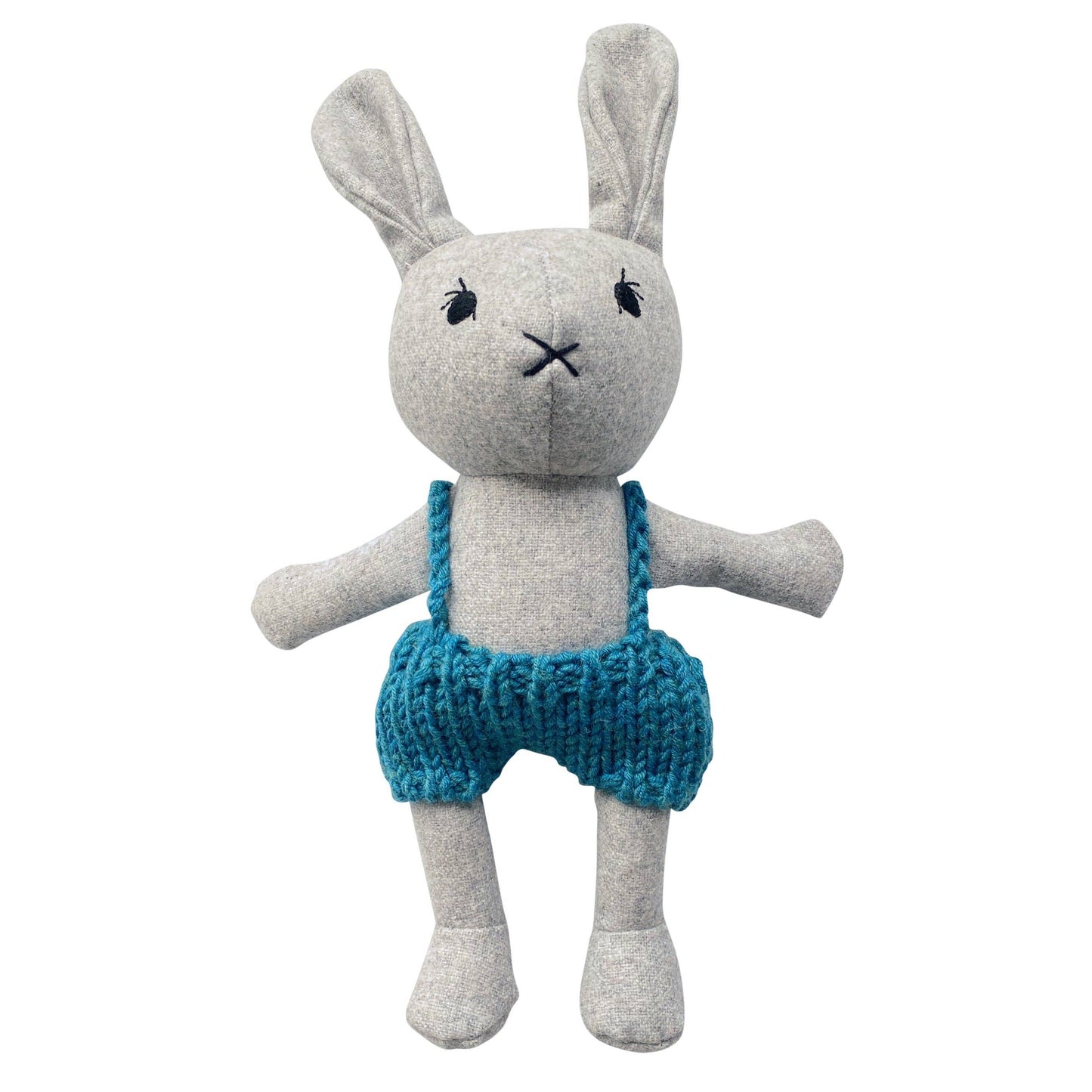 Lionel the Bunny soft plush toy with embroidered face and blue knitted shorts