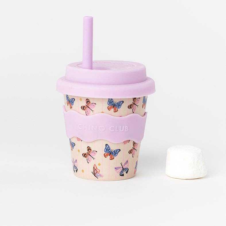 Butterfly Babychino Cup 4oz with silicone lid and grip band, reusable eco-friendly bamboo cup with butterfly print