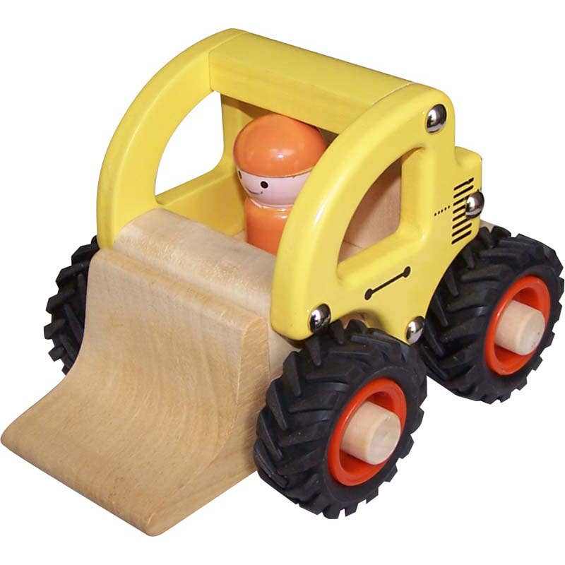 Wooden Wheelie Bulldozer toy with yellow frame and black wheels for kids aged 3 and up