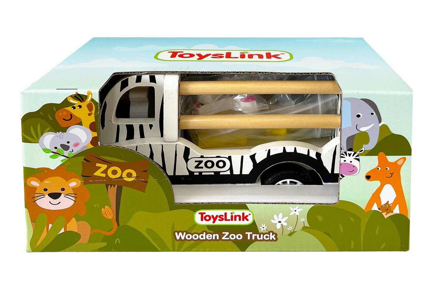Wooden pullback zoo truck toy with animal figures in packaging by ToysLink