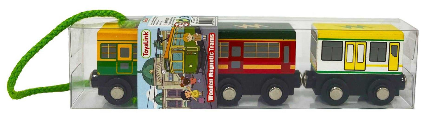 Wooden Magnetic Melbourne Tram Set toy with three colorful wooden trams in clear packaging and green pull string