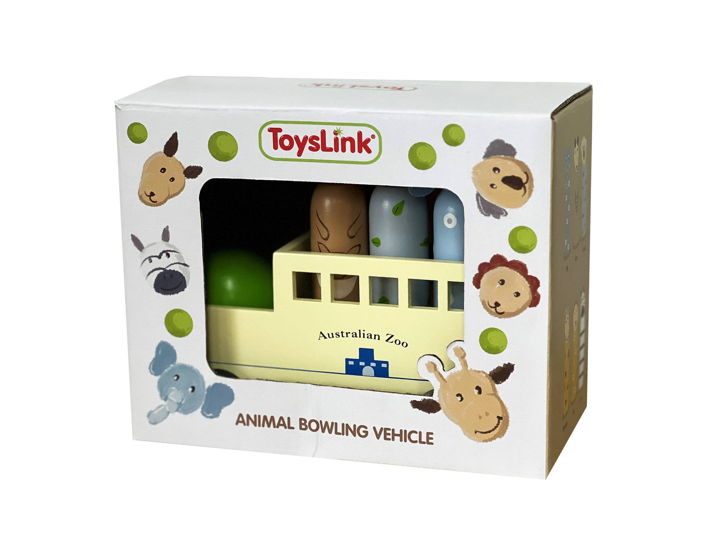 ToysLink Animal Bowling Vehicle with cute animal characters in packaging for children's motor skill development.