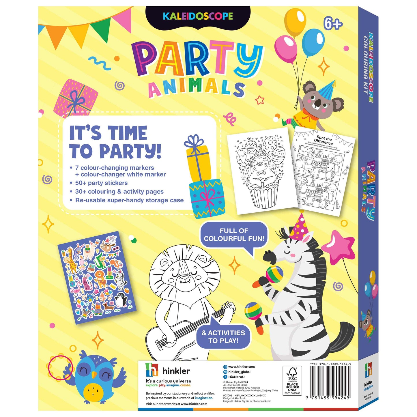 Kaleidoscope Colouring Party Animals Kit with color-changing markers and animal illustrations for kids aged 3+