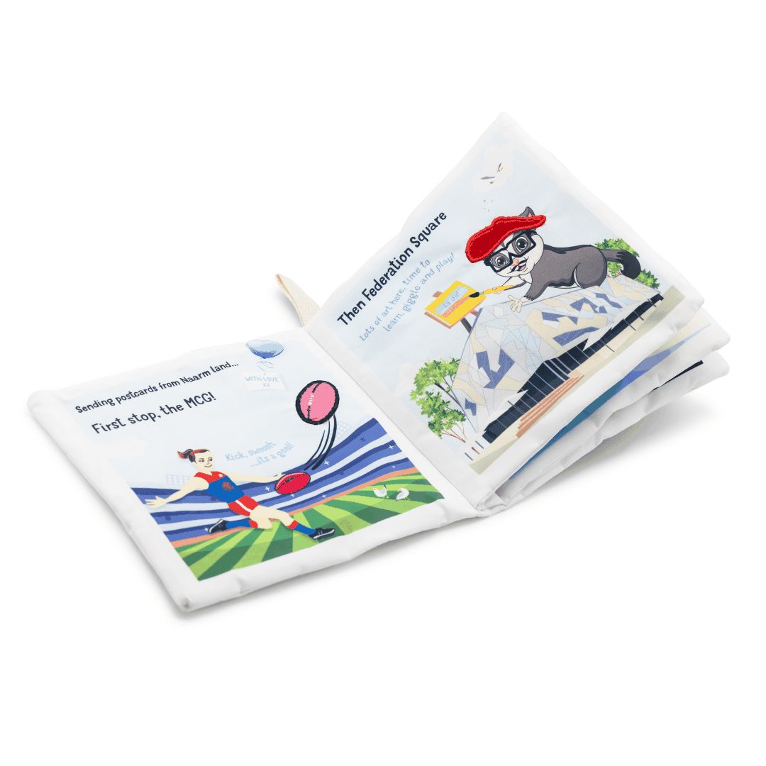 Melbourne & Sydney Baby Soft Book with colorful crinkly cloth pages featuring Melbourne Cricket Ground and Federation Square illustrations for sensory play and early learning