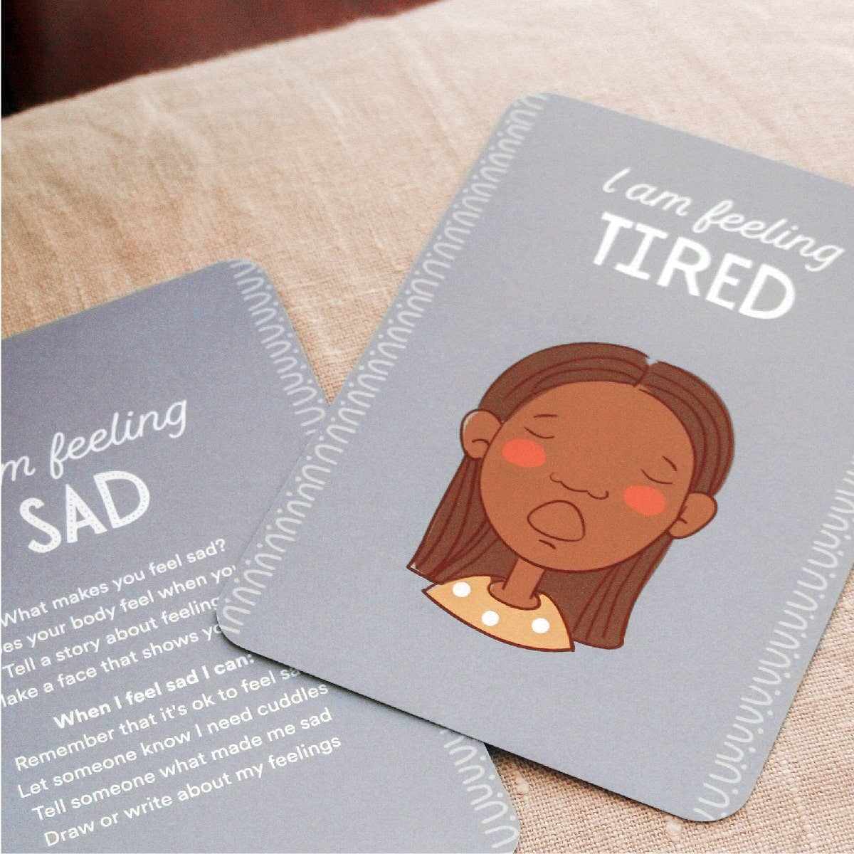 Feelings Palette emotions cards for kids showing tired and sad feelings with illustrations and descriptive text