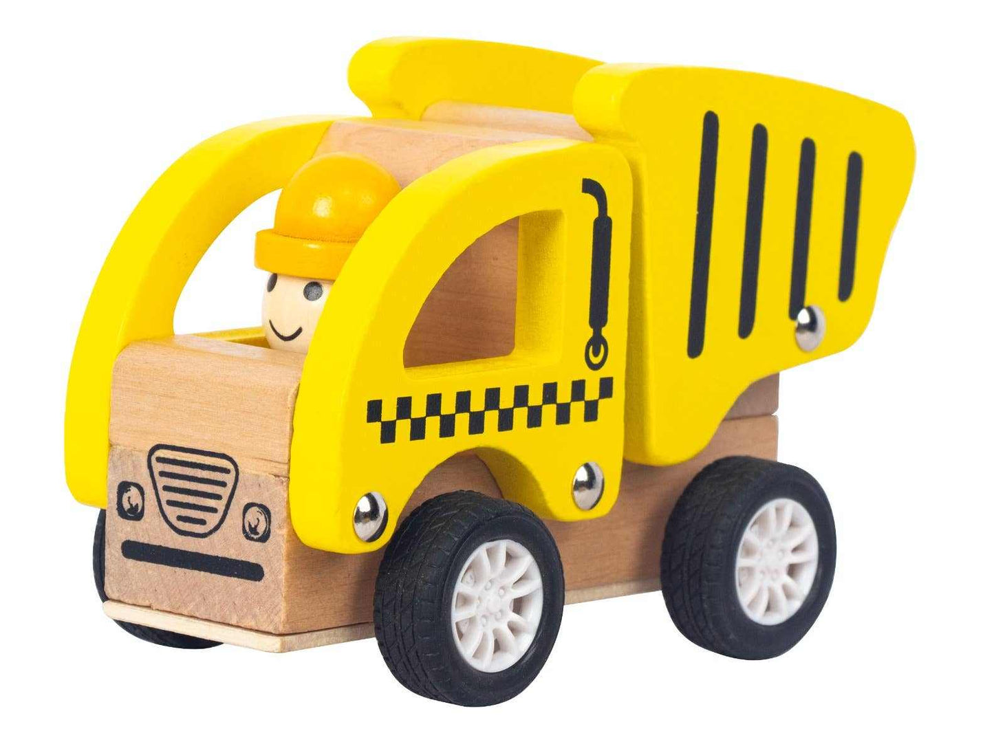 Yellow and natural wooden pullback dump truck toy with a smiling driver figure and black checkered detailing