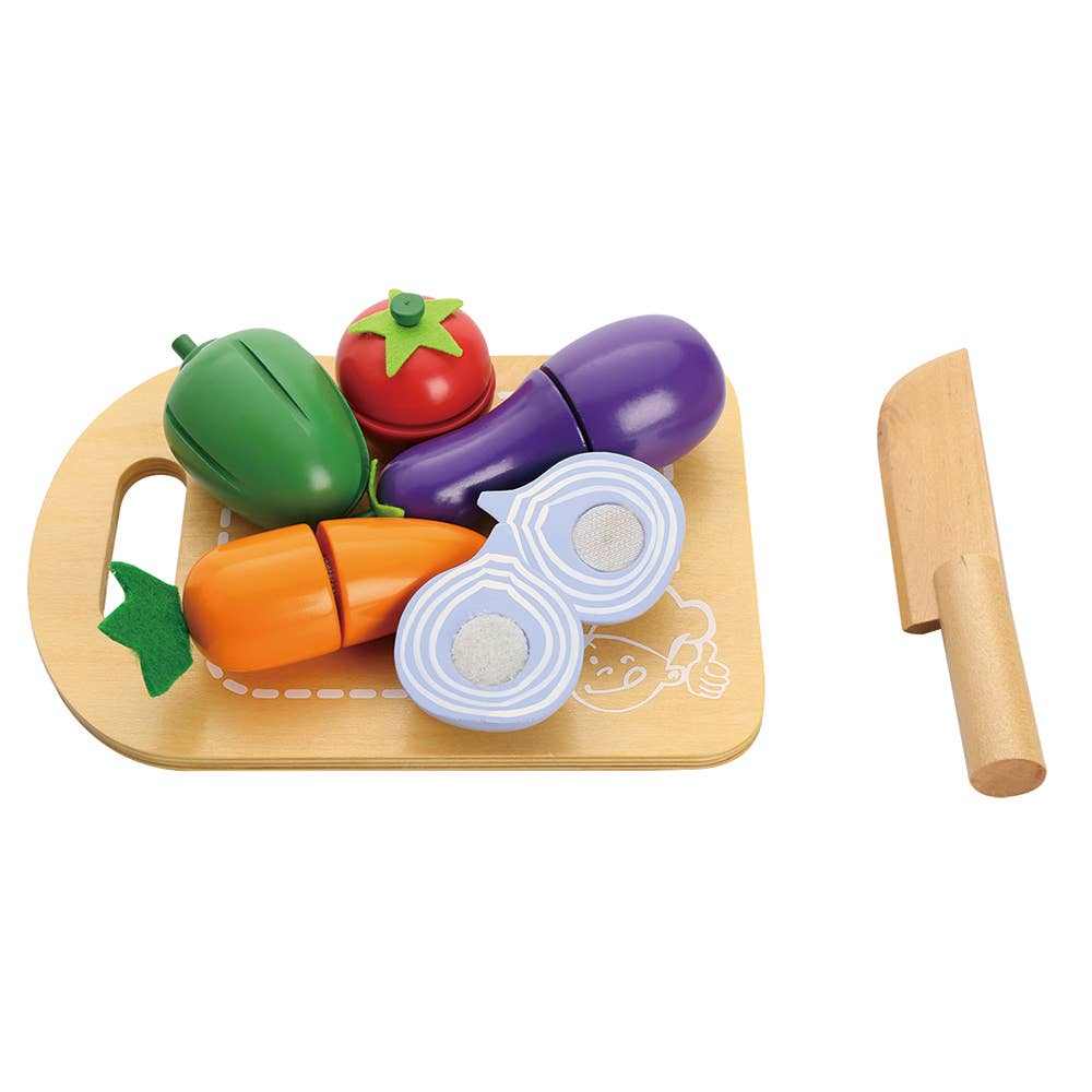 Wooden cutting vegetable set with colorful toy vegetables, child-safe knife, and cutting board for kids' play cooking activities
