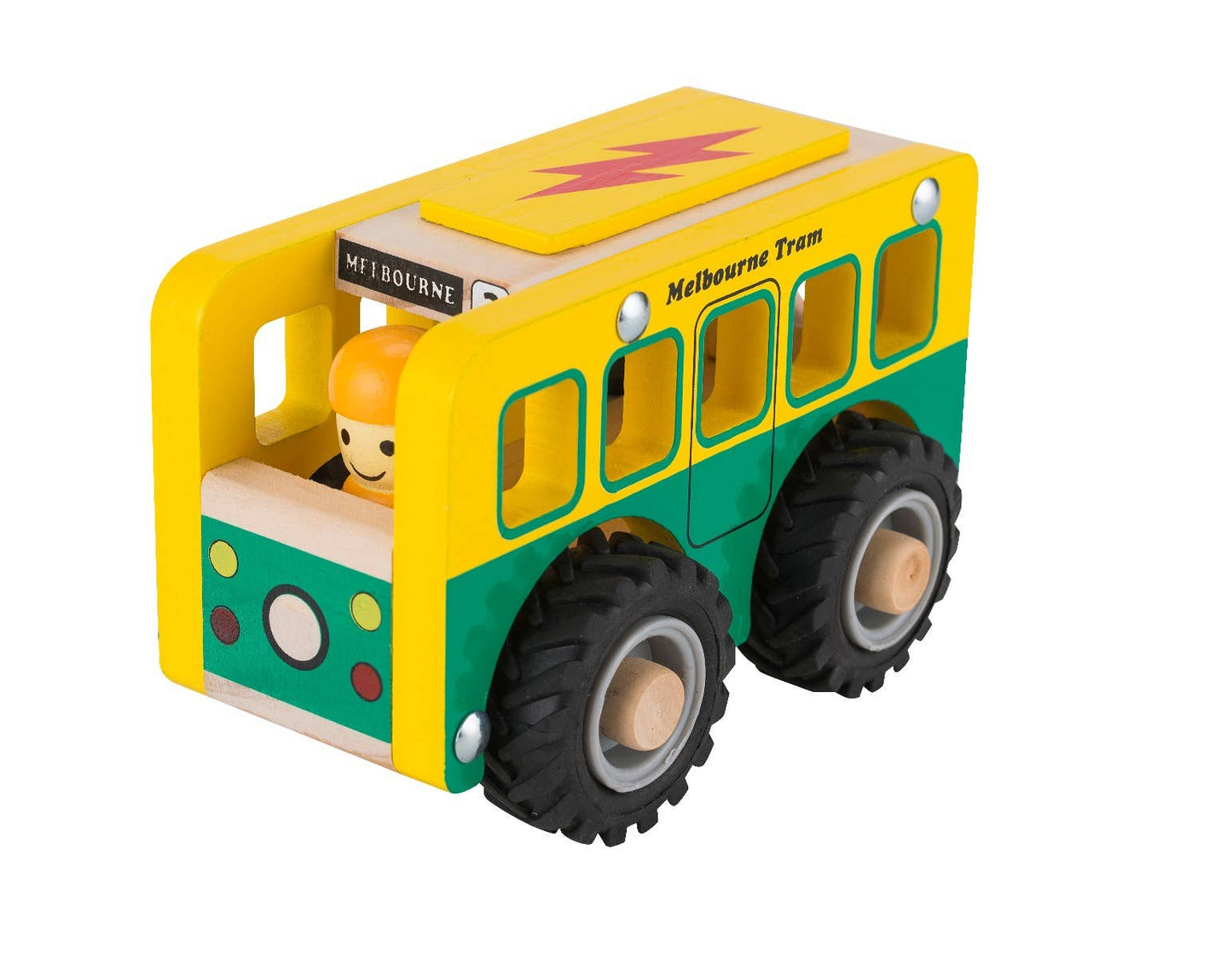 Wooden Melbourne Tram toy with vibrant colors and smooth rolling wheels for children aged 3 and up