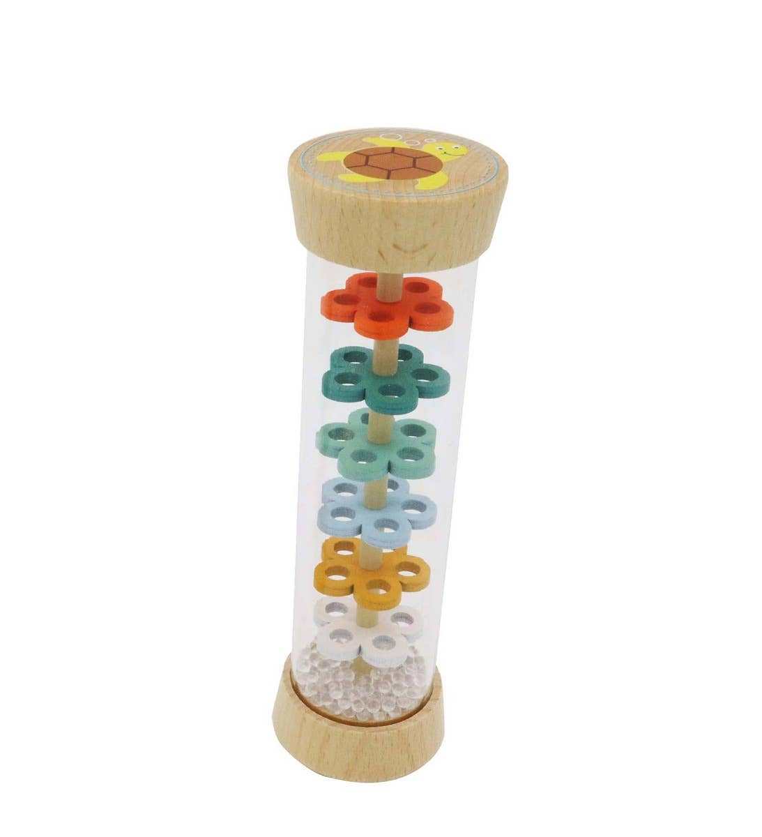 Wooden Rainmaker Rattle with colorful cascading beads in a clear tube for sensory play and auditory development