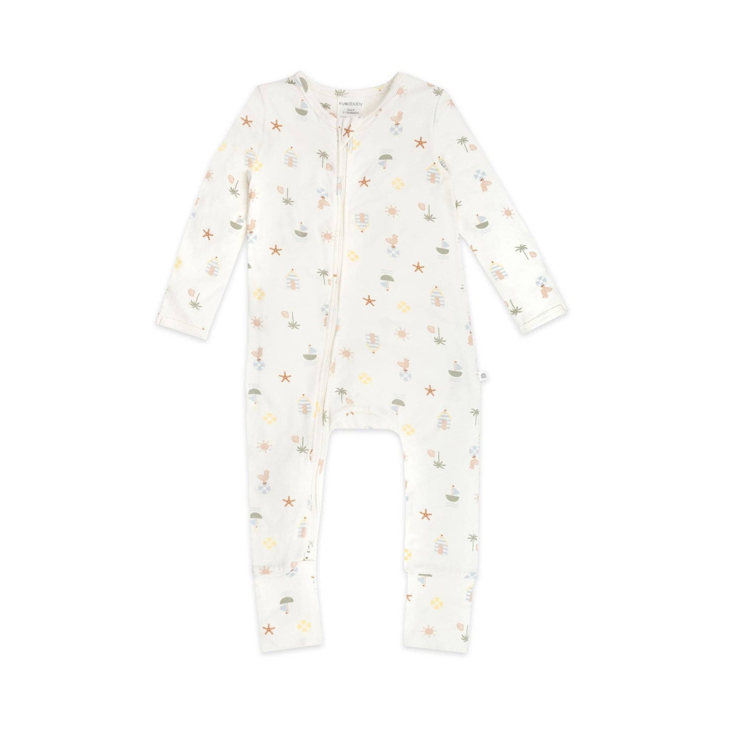 Kynd Day or Night Onesie in white with vacation-themed print, sustainable viscose fabric, fold-over cuffs, and two-way zip for newborns