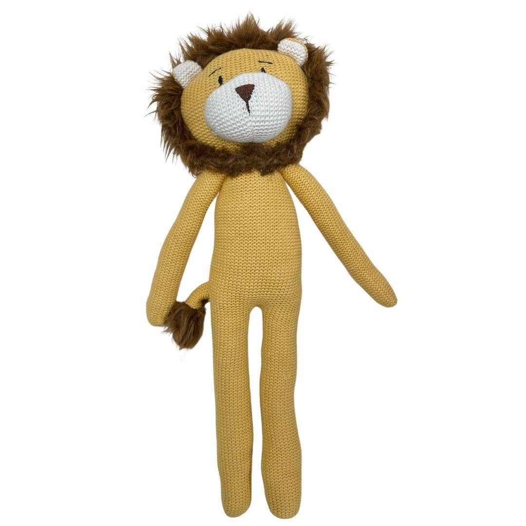 Larry the Lion knitted yellow lion plush toy with eco-friendly cotton and recycled filling, 40cm tall