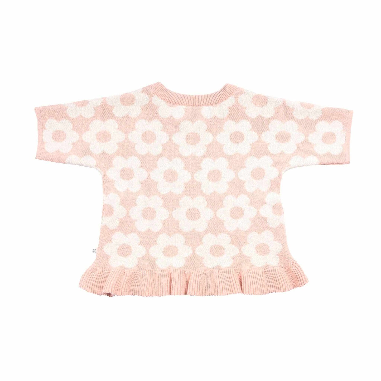 Kynd Jacquard Knit Frill Tee in pearl with daisy pattern and ribbed frill hem for baby comfort