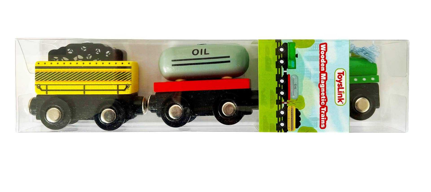 Wooden Magnetic Train Set with colorful magnetic train cars including oil and coal wagons in clear packaging