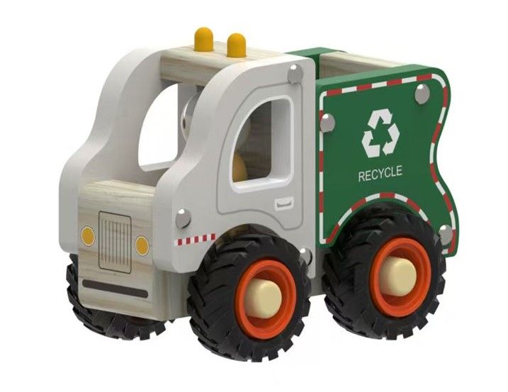 Toy garbage truck with a recycling symbol on a white background