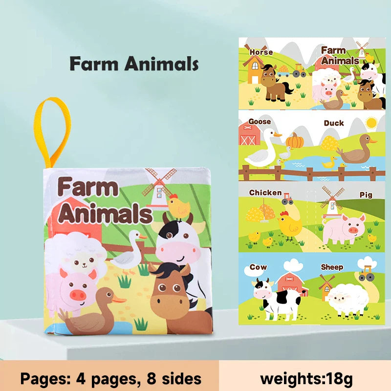 Rustle & Learn soft cloth educational baby book featuring farm animals with vibrant illustrations and rustling sound on 4 pages and 8 sides