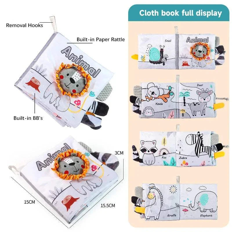 Baby early educational toys soft cloth book with rustle sounds and animal illustrations for sensory learning